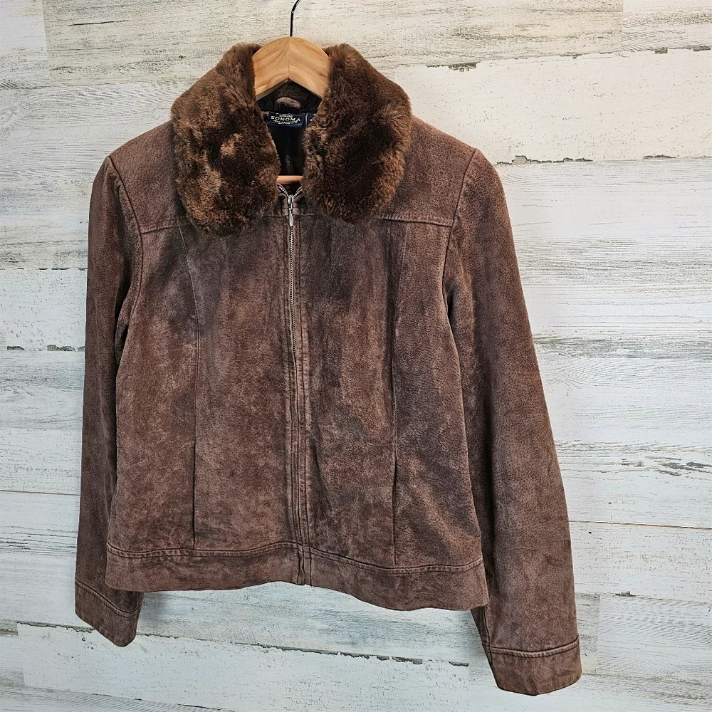 Vintage Brown Suede Leather Jacket M Faux Fur Collar Y2K Quiet Luxury Equestrian - Picture 4 of 12